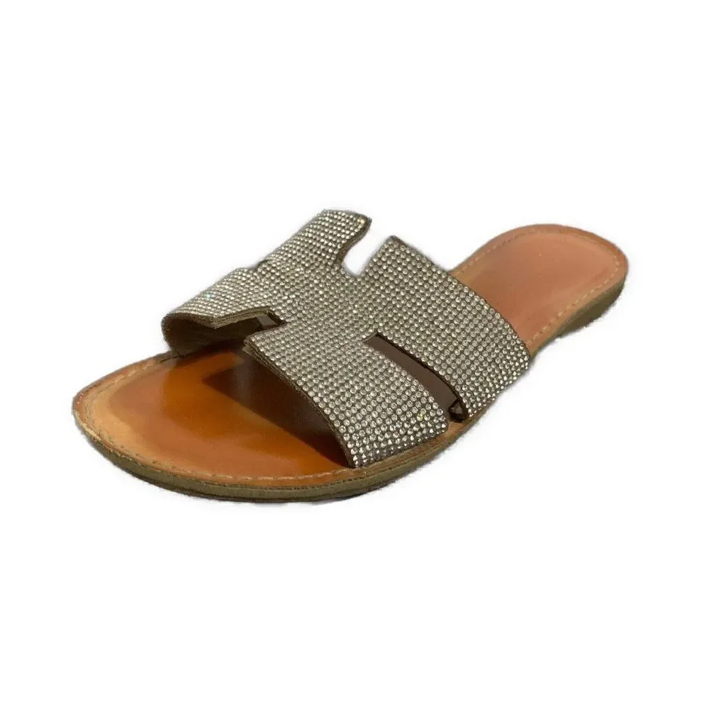 Rock & Candy Womens Silver Embellished Rhinestone Flat Slide Sandals 7